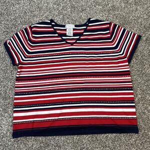 Women’s Vintage Y2K White Stag Red White Blue Striped T-Shirt Size XL